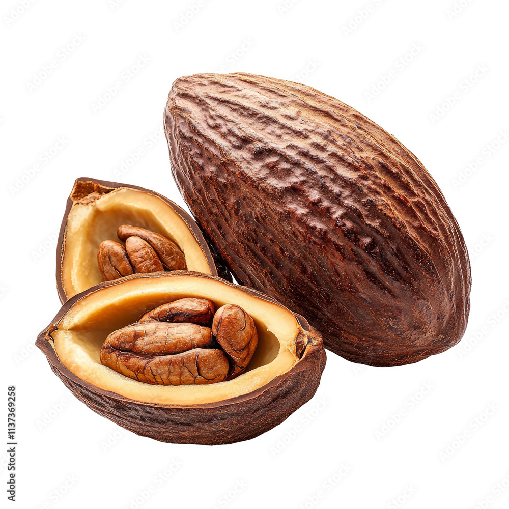 Poster cocoa pod and beans isolated on a transparent background showcasing the natural texture and rich col