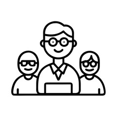 smiling teacher with students icon, teachers’ day line art, teachers day icon - simple black line art icon of smiling teacher with students, for teachers’ day celebrations. teachers day vector art.