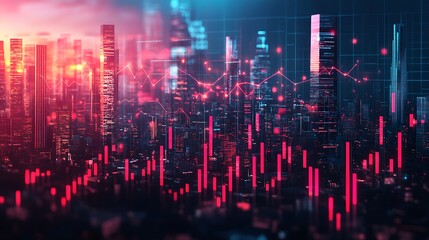 Fototapeta premium A futuristic financial graph glowing in dynamic neon colors, integrated with a digital city skyline featuring illuminated skyscrapers and floating holographic data, ultra-realistic textures,