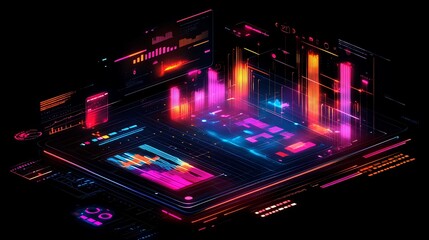 A glowing holographic financial graph with vibrant data points, surrounded by futuristic digital interface panels, dynamic reflections, and soft neon lighting,