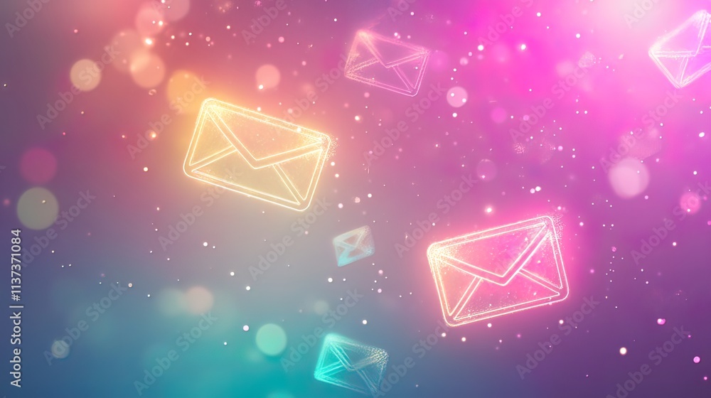 Poster glowing email icons float on a colorful background, symbolizing digital communication and messages.