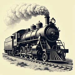 Obraz premium Historic train on tracks, detailed engraving in vintage style for wall art.