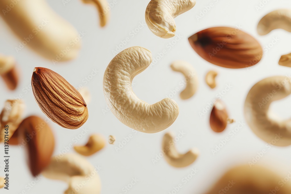 Poster a dynamic arrangement of floating nuts, showcasing their textures and forms.