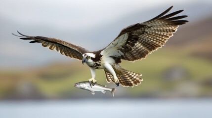 Obraz premium An osprey in flight, grasping a fish in its talons against a blurred natural background.