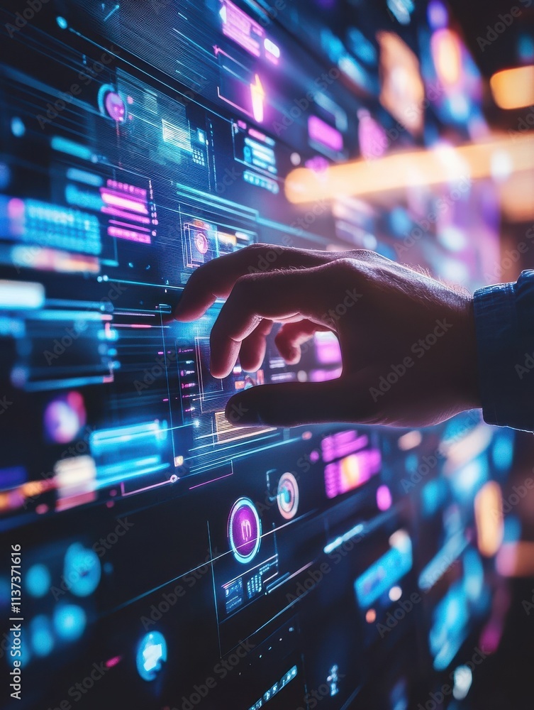 Poster businessman pressing multimedia type of modern buttons with virtual background
