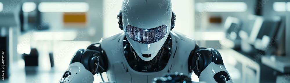 Aufkleber advanced humanoid robot working with futuristic technology in a sleek lab