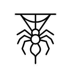 spider hanging from web icon, halloween line art, halloween icon - simple black line art icon of spider hanging from web, symbolizing topic celebrations. topic vector art.