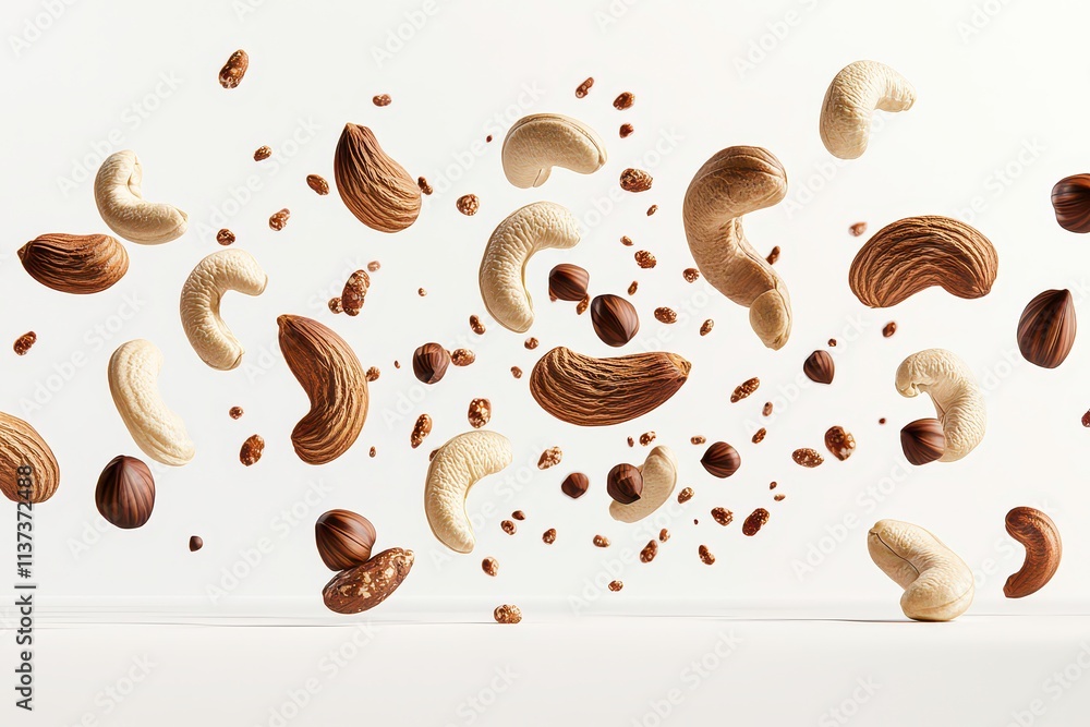 Poster a dynamic arrangement of various nuts floating in space, showcasing their textures and colors.