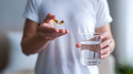 Girl Holding Pill Capsule with Glass of Water: Painkiller, Medicine, and Healthcare Concept, painkiller, medicine, stomach pain, health care, vitamin, drug, glass of water,