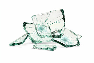 Shattered Glass Pieces on White Background Showing Cracks and Sharp Edges for Creative and Artistic Design Use