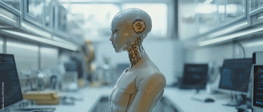 Aufkleber futuristic humanoid robot collaborating with advanced technology in a modern lab