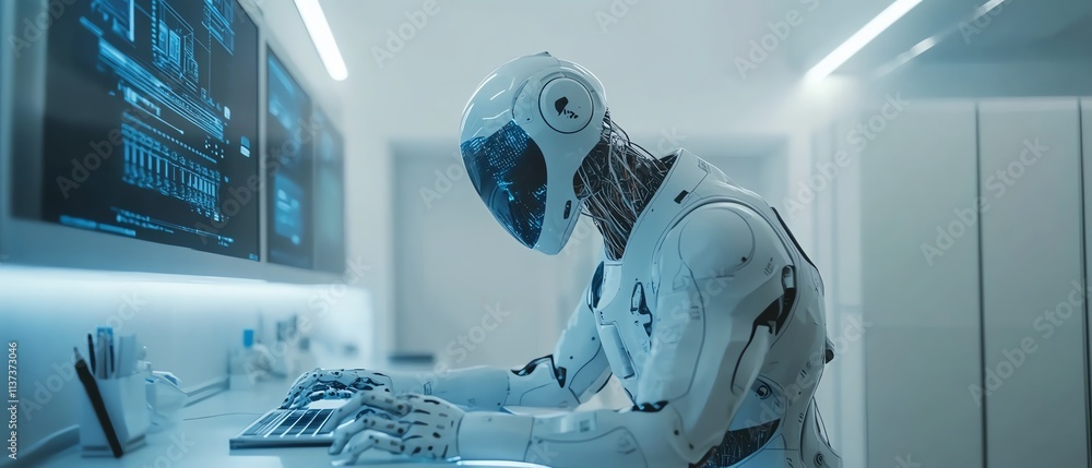 Aufkleber futuristic humanoid robot collaborating with advanced technology in a modern lab