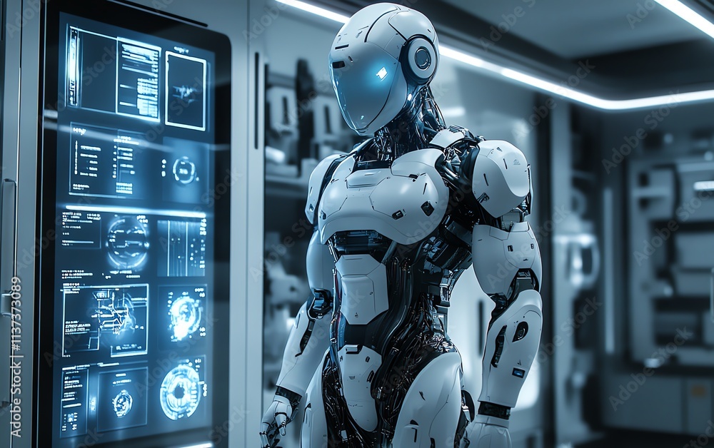Aufkleber futuristic humanoid robot engaging with advanced technology in a hightech lab