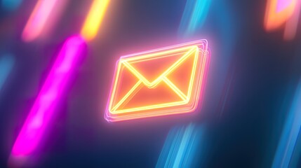 Glowing neon email icon symbol on dark background with light trails.