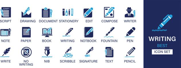 Writing icon set collection. Script, drawing, document, stationery, edit, compose, writer, note, paper, book, writing, fountain, pen and best solid icon set.