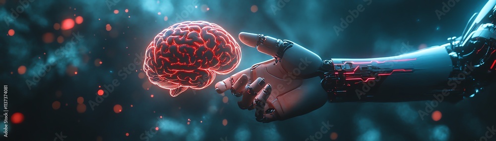 Poster human and robot shaking hands with floating ai brain icons, abstract futuristic technology in a high
