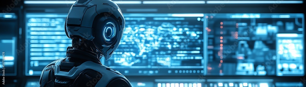 Aufkleber humanoid robot interacting with advanced technology in a futuristic lab
