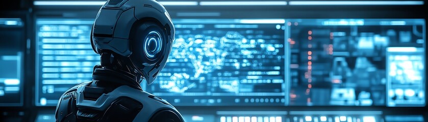 Fototapeta premium Humanoid robot interacting with advanced technology in a futuristic lab