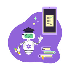 AI Robot assistant points at smartphone. There is a stack of books nearby. Distance education concept. Artificial Intelligence Virtual Assistant. Isolated vector illustration.