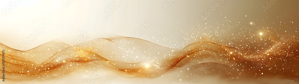 Poster a mesmerizing abstract design featuring golden swirling waves and sparkling particles. the soft hues