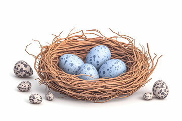 Obraz premium Decorative Nest with Blue and Speckled Eggs on a White Background Ideal for Spring and Easter Themes