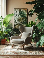 Grey chair on a patterned rug in a botanic, spacious living room interior full of plants