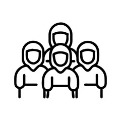 group of pilgrims icon, hajj line art, hajj icon - simple black line art icon of group of pilgrims, symbolizing Hajj celebrations. Hajj vector art.