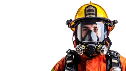 Professional firefighter in full protective gear displaying determination, ready to face any emergency situation, and equipped with essential firefighting equipment for safety.