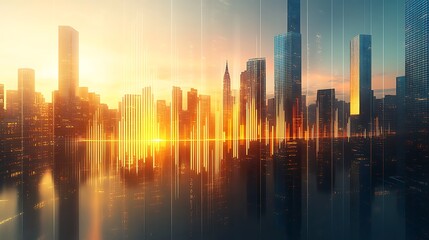 A modern financial bar graph with skyscrapers symbolizing growth, detailed glass and steel textures, illuminated by soft golden light,