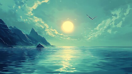 Serene Seascape A Breathtaking Vista of Ocean,Mountains,and Sky