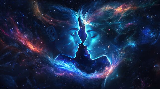Two ethereal faces, one male and one female, connected by a vibrant flow of cosmic energy that stretches between them