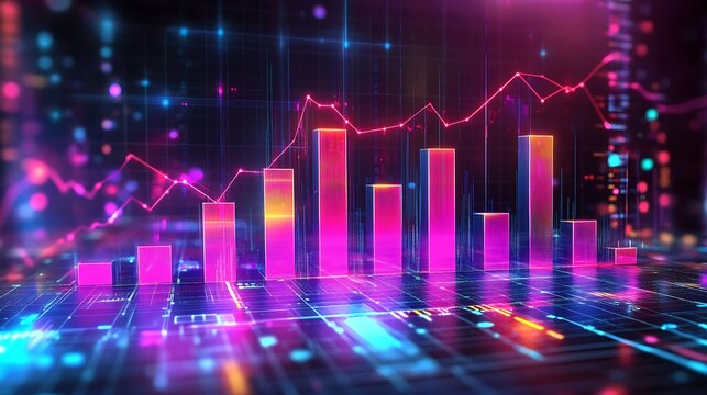 A radiant futuristic business graph with glowing ascending bars, surrounded by vibrant holographic investment symbols, dynamic neon lighting,