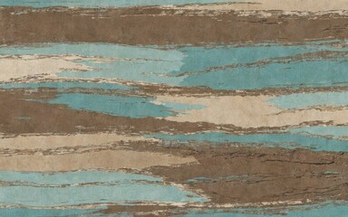 Abstract design featuring textured stripes in brown, turquoise, and beige hues.