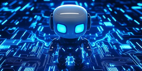 Futuristic Robot on Circuit Board A 3D Render of a Cute,Advanced Robot Standing on a Glowing Blue Circuit Board,Ideal for Technology