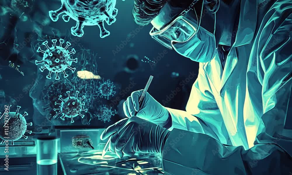 Poster a scientist working in a lab, studying viruses with advanced technology.