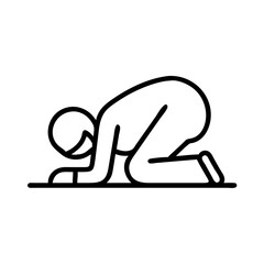sujood prostration pose icon, hajj line art, hajj icon - simple black line art icon of sujood prostration pose, symbolizing Hajj celebrations. Hajj vector art.
