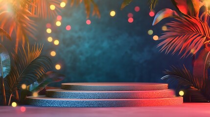 Elegant tropical product display podium adorned with palm leaves and fairy lights