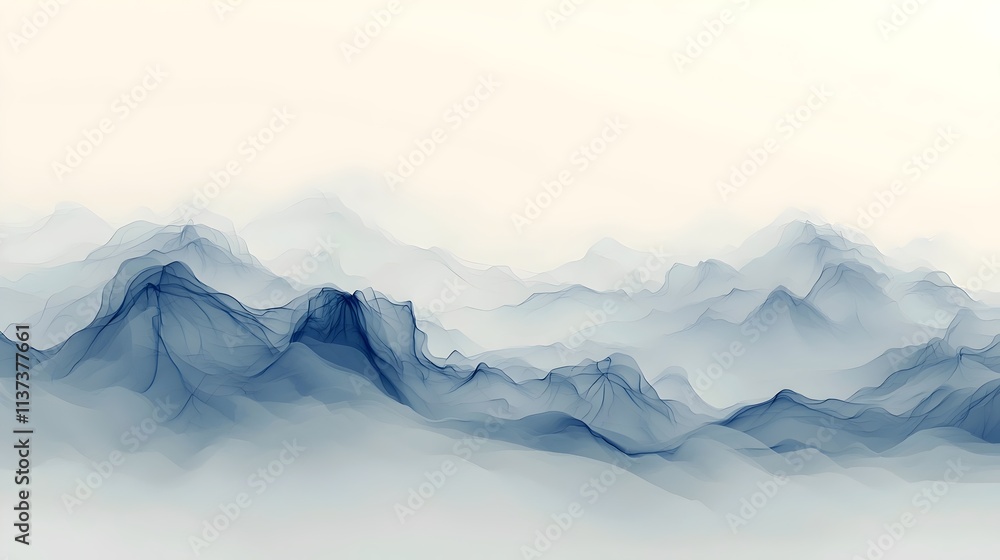 Poster an ethereal landscape of soft, flowing mountain ranges in shades of blue, creating a serene and calm