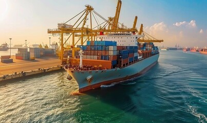 Fototapeta premium Cargo ship navigating a busy port with stacked containers.