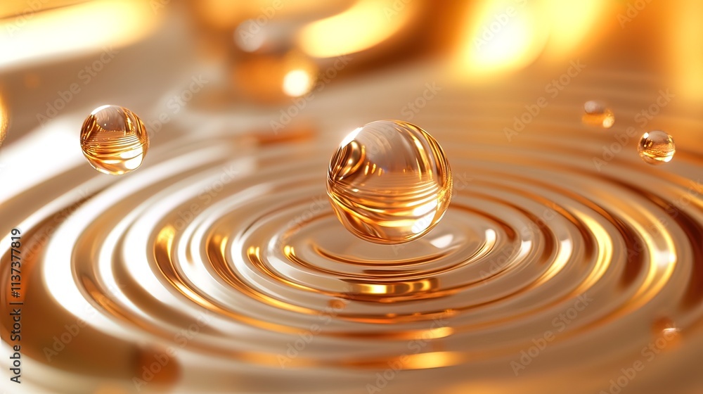 Poster golden liquid drops creating concentric ripples on a reflective surface.