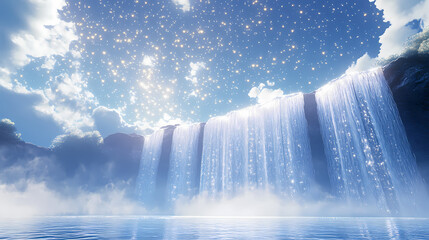 A minimalist 3d waterfall cascading into a pool with mist rising as stars twinkle like fireflies in a blue sky with soft clouds. Twinkle. Illustration