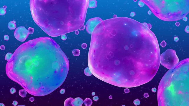 Floating fantasy bubbles containing swirling particles. Loopable 3D animation. Abstract background.