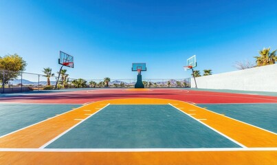 A vibrant outdoor basketball court with clear blue skies.