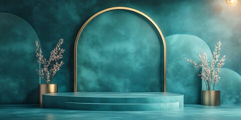 Elegant Teal and Gold Product Display Podium with Blooming Branches A Stunning Backdrop for Luxury Branding and Advertising
