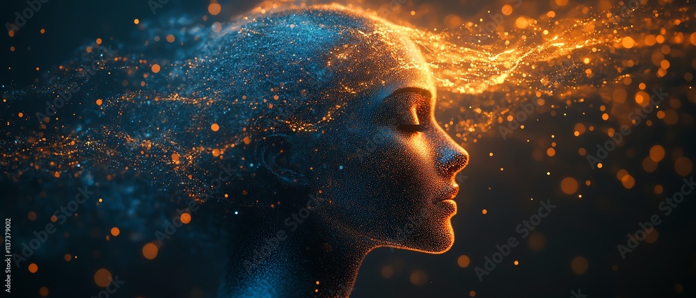 Poster digital human figure with swirling colorful particles, symbolizing the connection between ai, data, 