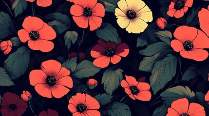 Vibrant Floral Pattern Red and Yellow Flowers on Dark Green Leaves Perfect for Textile Prints, Wallpaper, and Fashion Designs