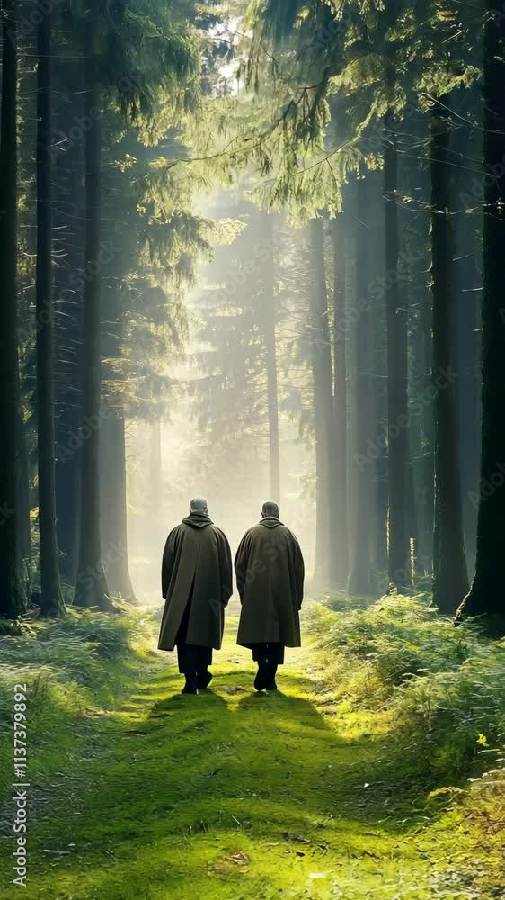 Poster two figures walking along a forest path with sunlight filtering through trees at dawn