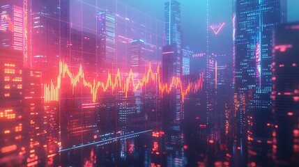 Fototapeta premium An investment line graph with vivid glowing trails overlaying a sleek digital cityscape, modern skyscrapers reflecting soft neon lights,
