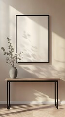 Fototapeta premium Minimalist interior design with a console table and blank frame