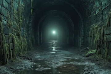 Naklejka premium Dark mossy abandoned tunnel with light at end.
